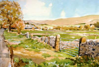 watercolour of Yorkshire Dales with hills, farm and gate