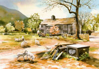 watercolour farmhouse & grazing sheep